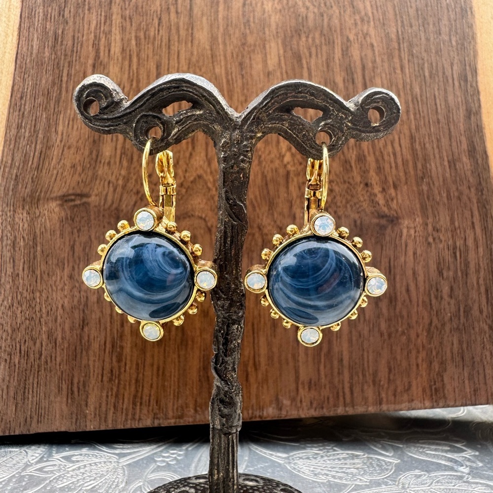 Gold and Blue Leverback Earrings